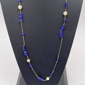 J. Crew Blue Beads Faux Pearl Station Chain Long Necklace Gold Tone 34 Inches